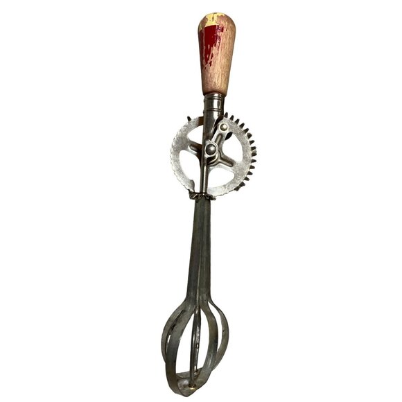 Vintage Egg Beater Hand Mixer Red Wood Handle Made in USA - Picture 7 of 11